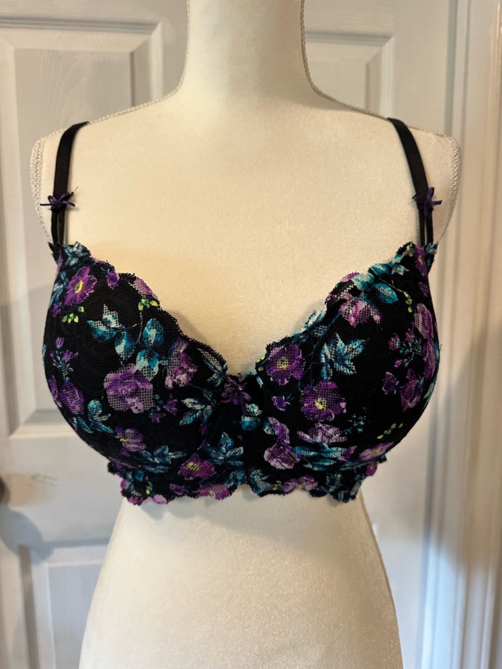 Candie's Black Underwire Bra with Purple & Teal Floral Embroidery